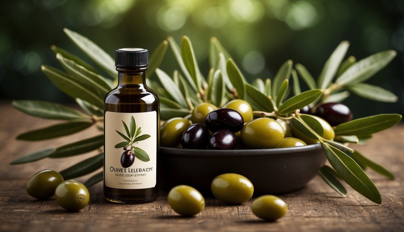 A bottle of olive leaf extract surrounded by fresh olives and green leaves, with a label highlighting its benefits for consumers