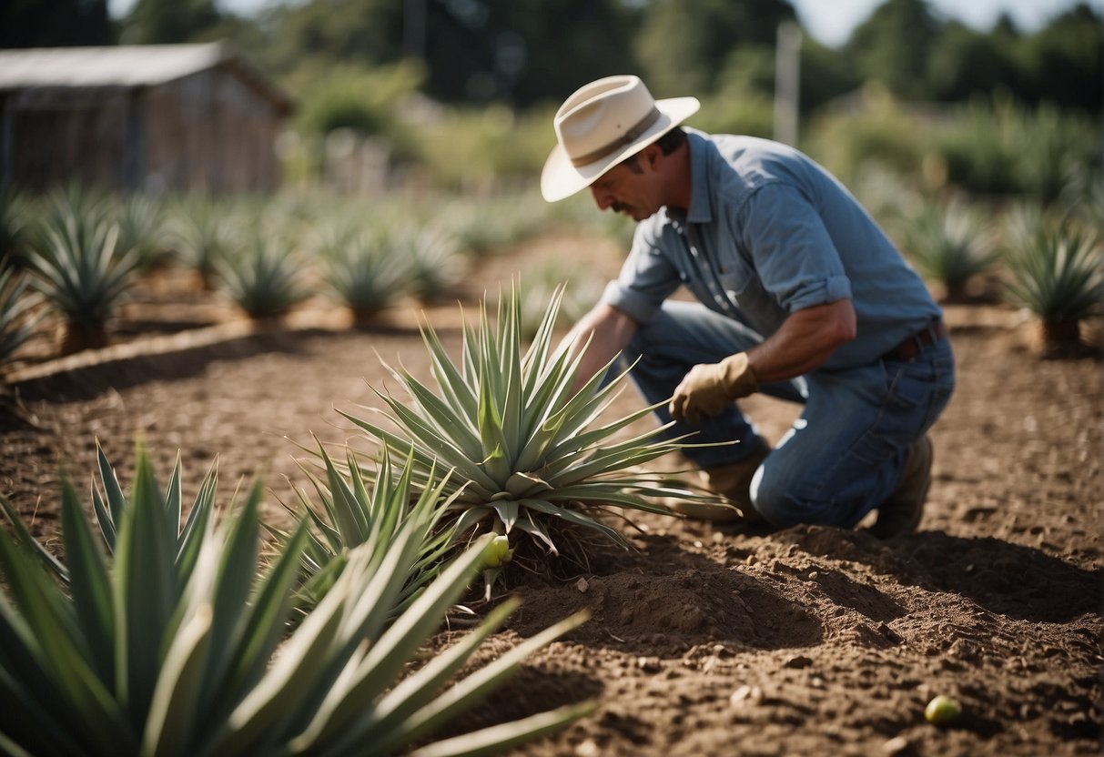 A gardener selects yucca plants at a nursery, then digs a hole and carefully plants them in the ground