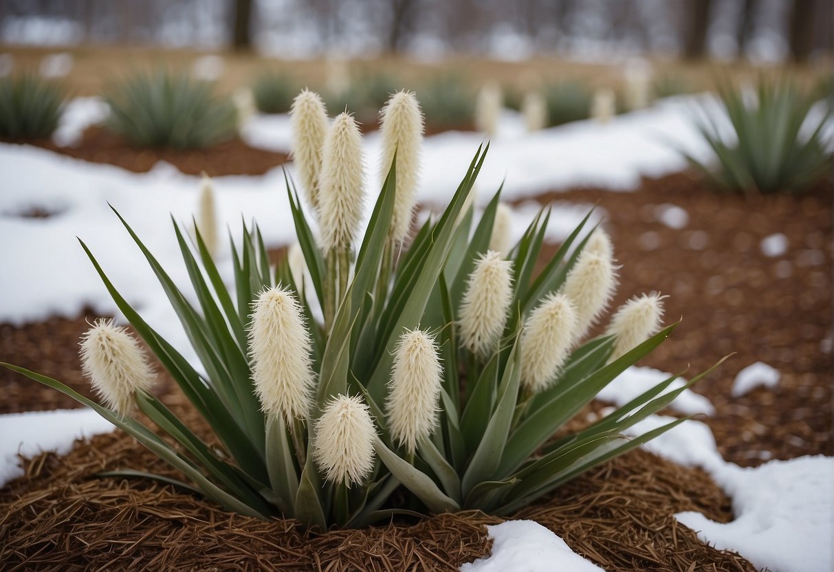 Yucca plants wrapped in burlap, surrounded by mulch, with snow on the ground