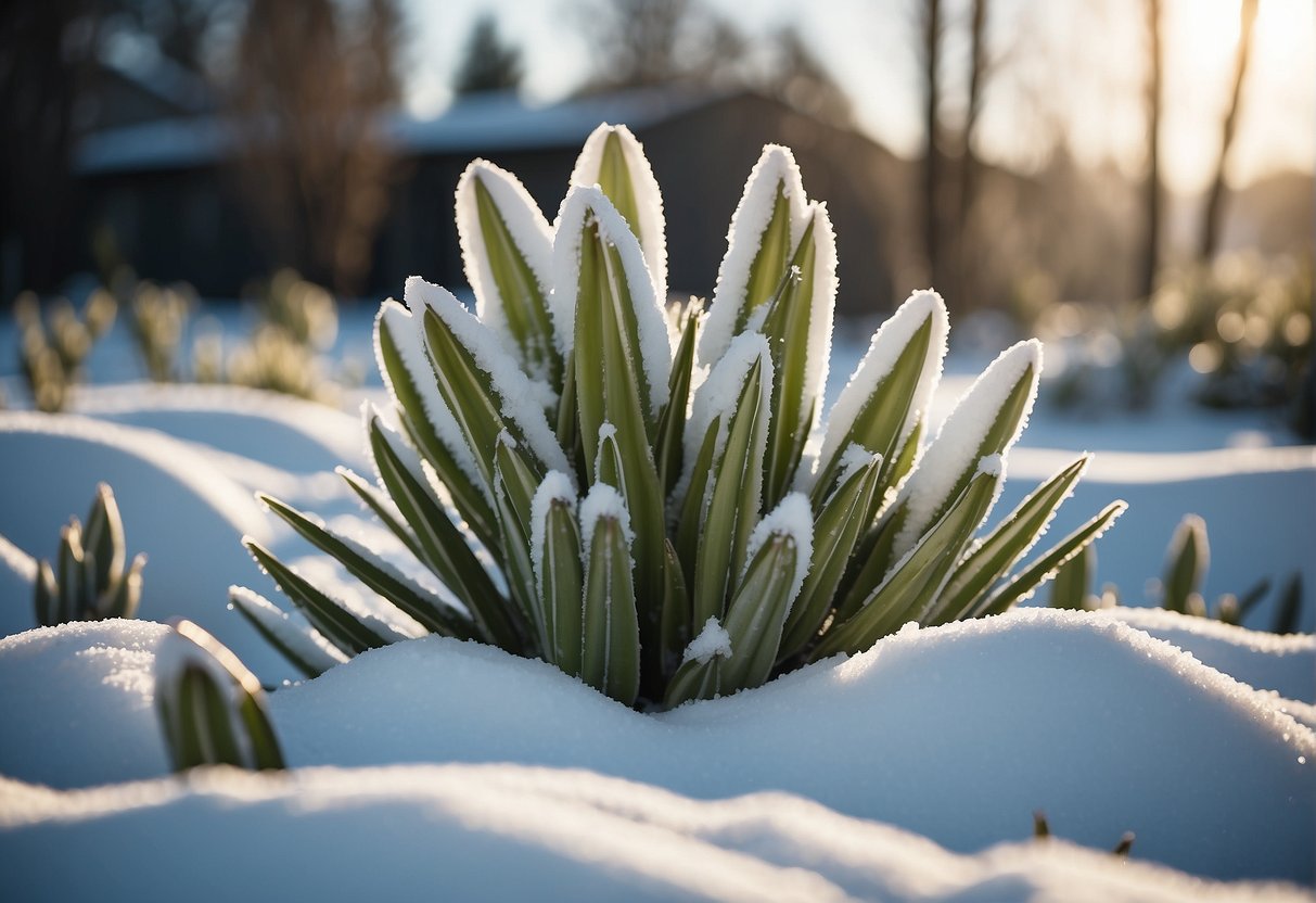 Yucca plants covered in snow, surrounded by protective mulch, with a layer of frost on their leaves