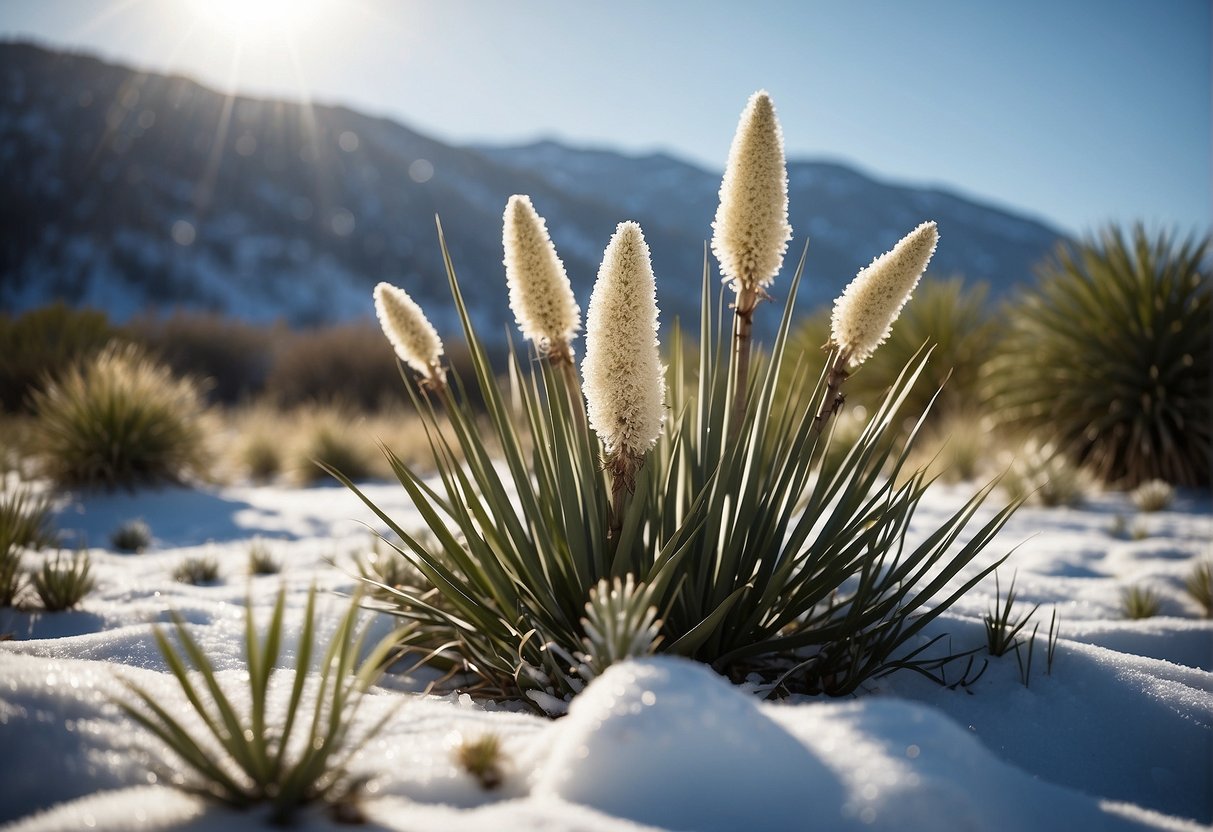 Yucca plants in snow-covered landscape, with protective covering or mulch around base. Snowflakes falling, bare branches visible