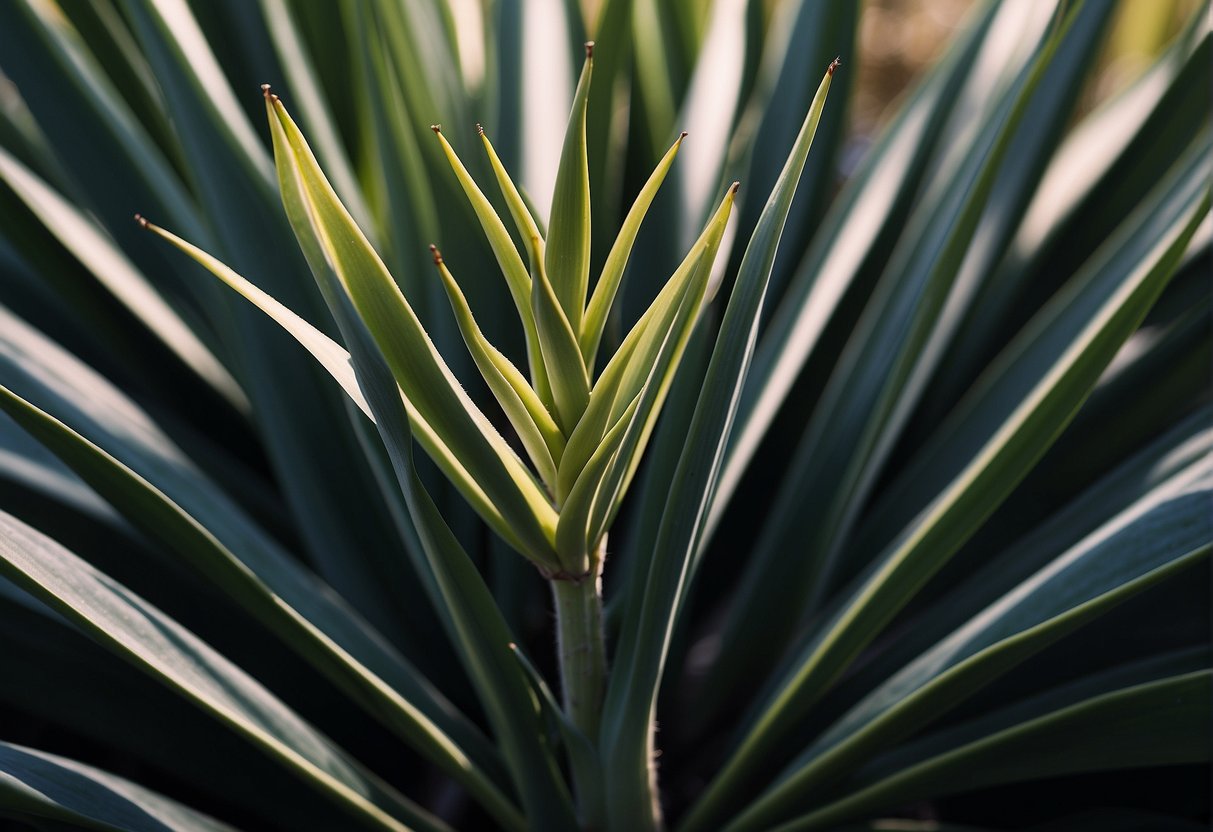 A close-up of a yucca plant with a dark, elongated object protruding from the center of the leaves