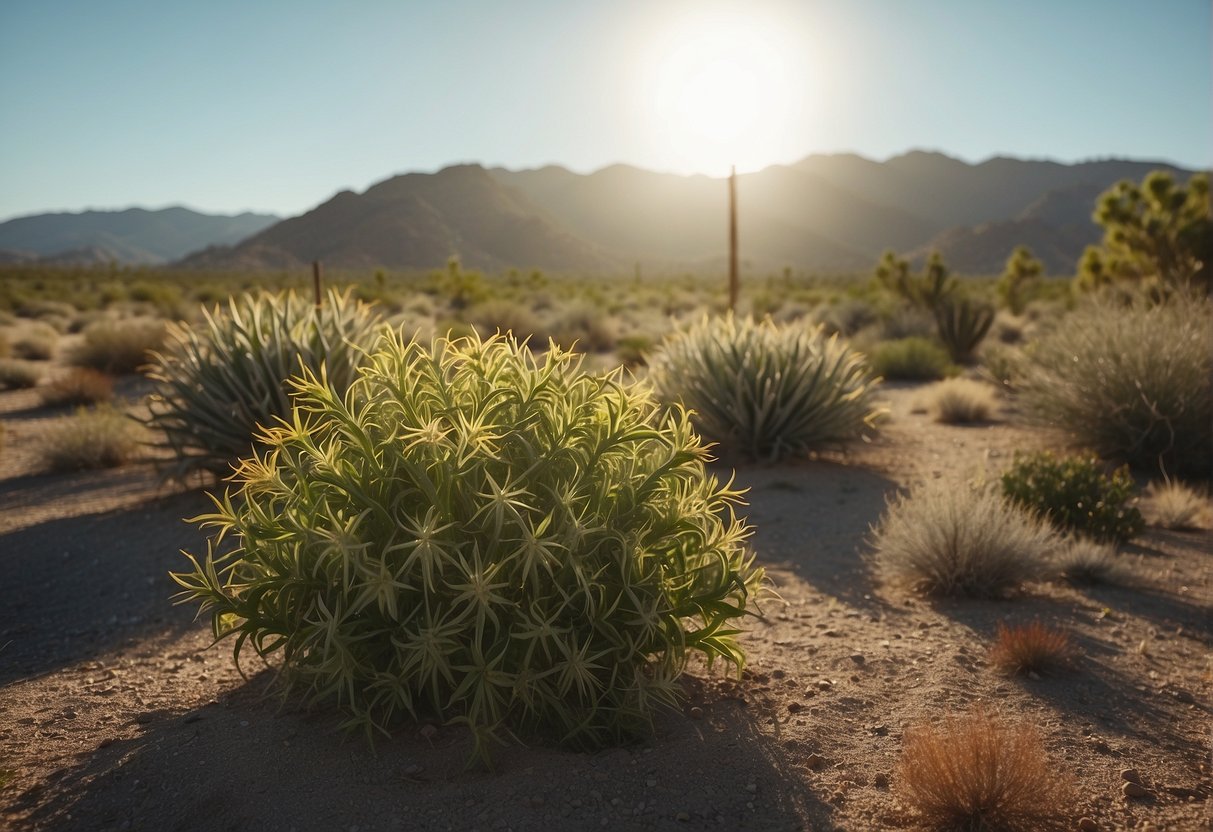 Lush tomato plants in Yucca Valley, bathed in warm sunlight, surrounded by arid desert landscape