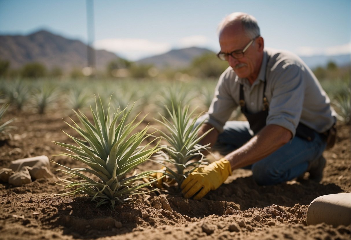 Tomato plants being carefully planted in Yucca Valley soil, watered and tended to with care and attention