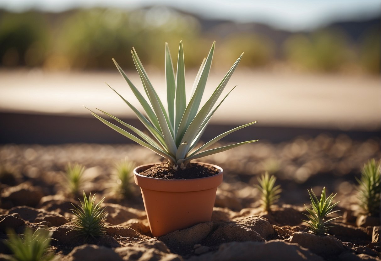 A small yucca plant in a well-drained pot, receiving bright indirect sunlight, with dry soil and occasional watering