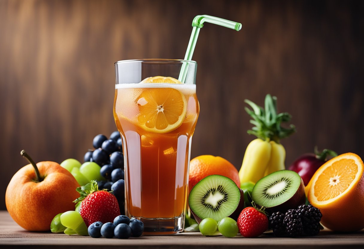 A glass of sugary drink beside a measuring tape and a pile of fresh fruits and vegetables