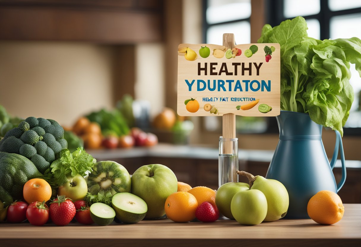 A variety of fruits and vegetables displayed next to a water pitcher, with a sign promoting "Healthy Hydration" and "Belly Fat Reduction."