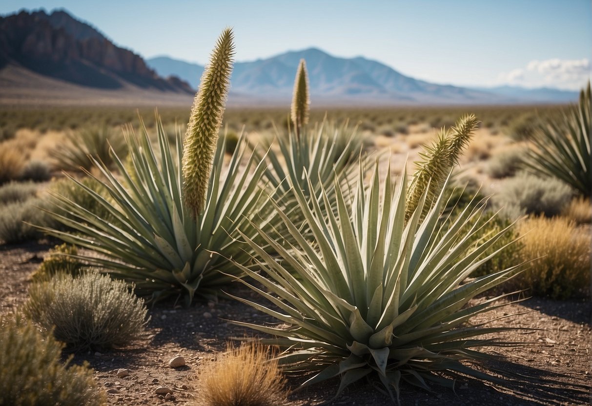 A sunny Idaho landscape with a variety of yucca plants in different sizes and colors, surrounded by rocky terrain and sparse vegetation