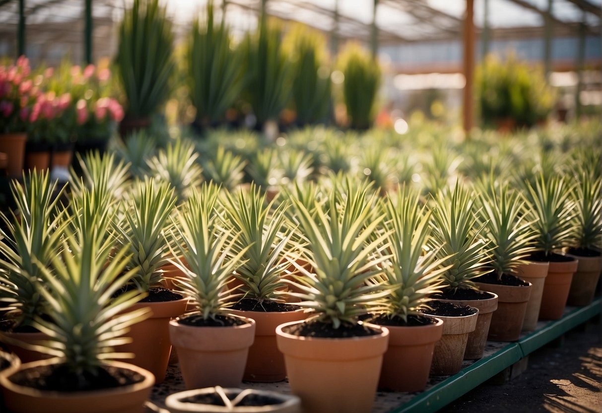 A garden center in Idaho displays yucca plants for sale. The plants are arranged neatly in rows, with price tags attached. The sun shines down, casting a warm glow on the green leaves