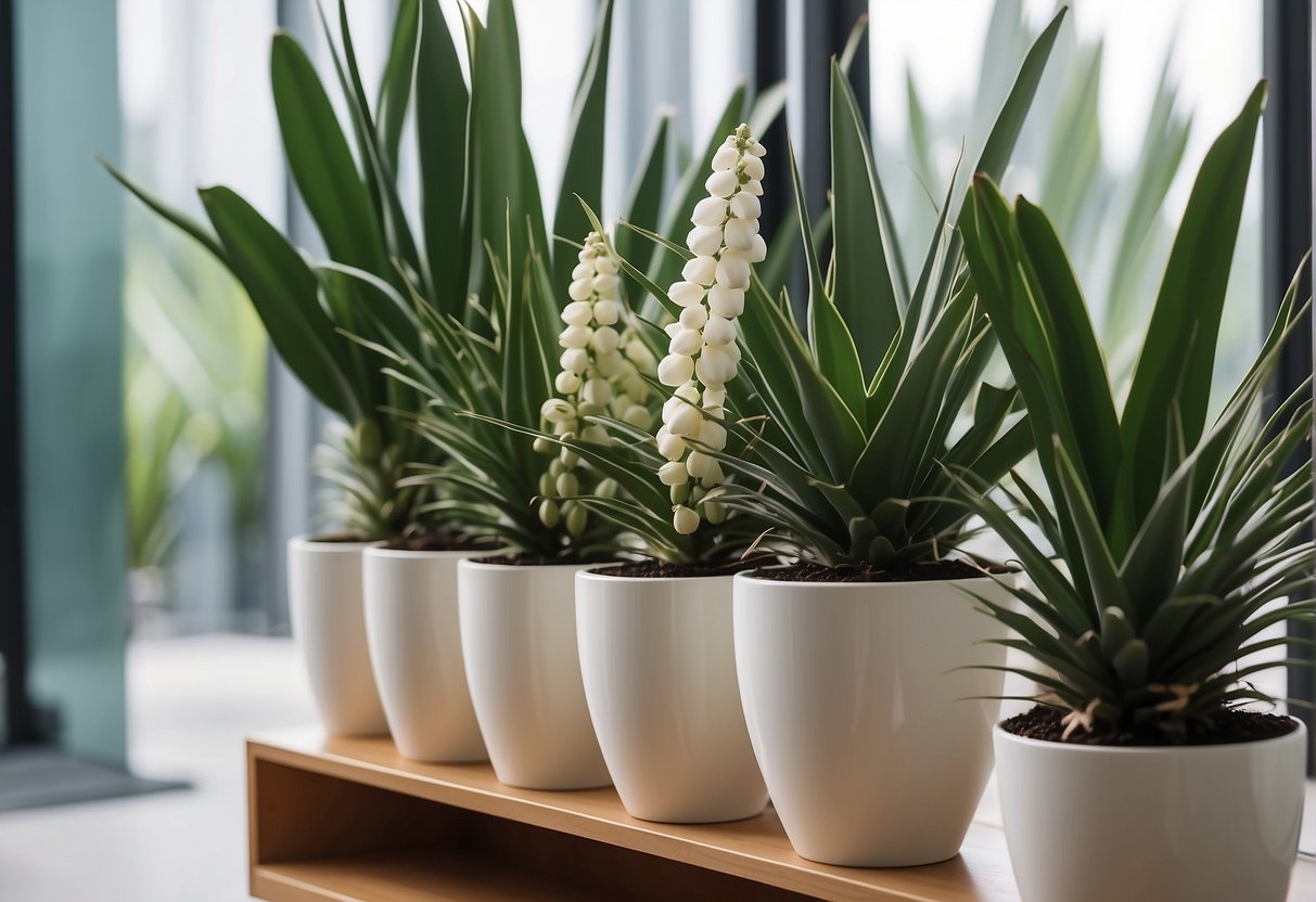 Yucca plants decorate a modern living room, with sleek white pots against a backdrop of large windows and a lush garden outside