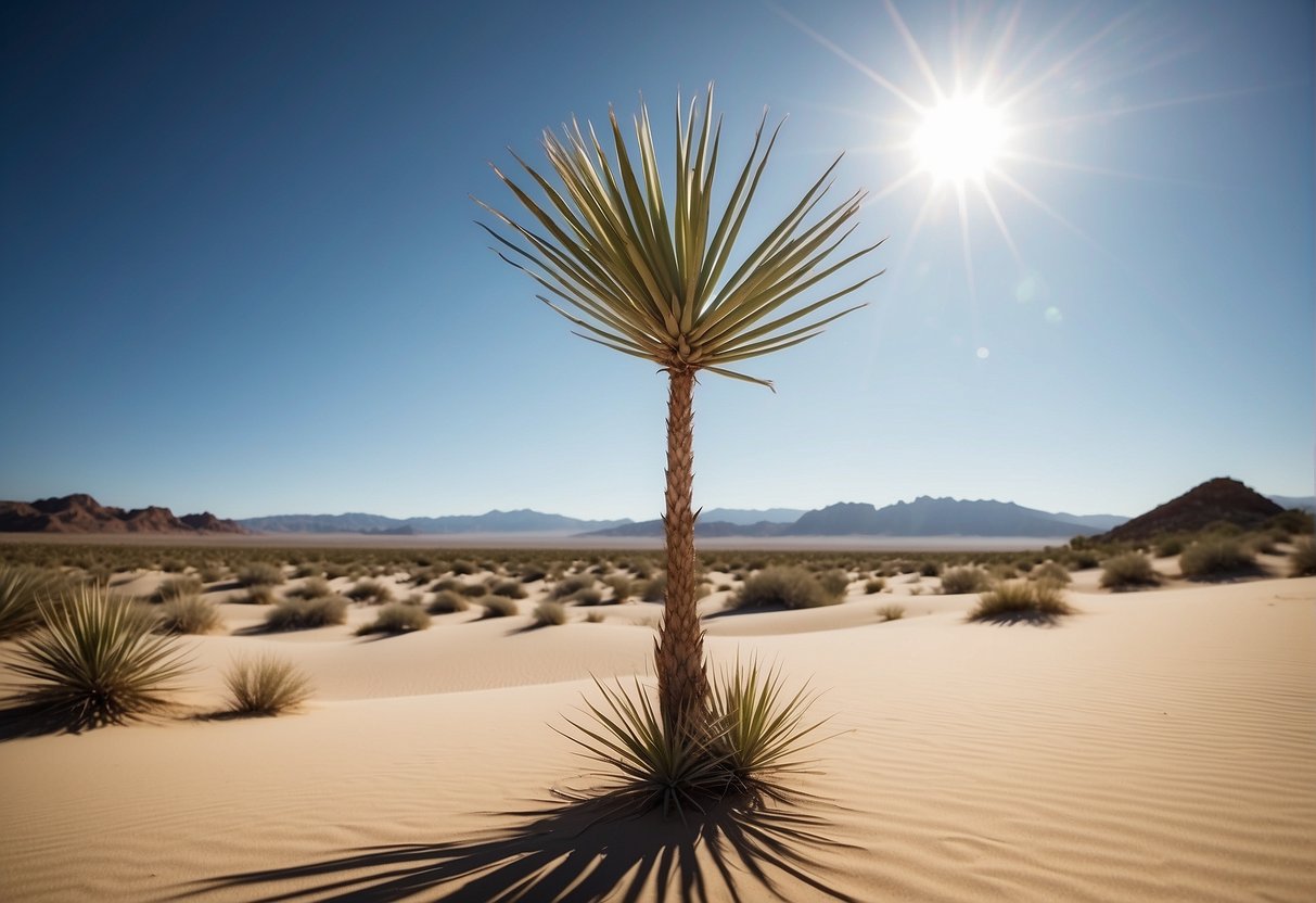 A yucca plant stands tall in a desert landscape, its long, sword-shaped leaves reaching towards the sky. Sand dunes and a clear blue sky complete the scene