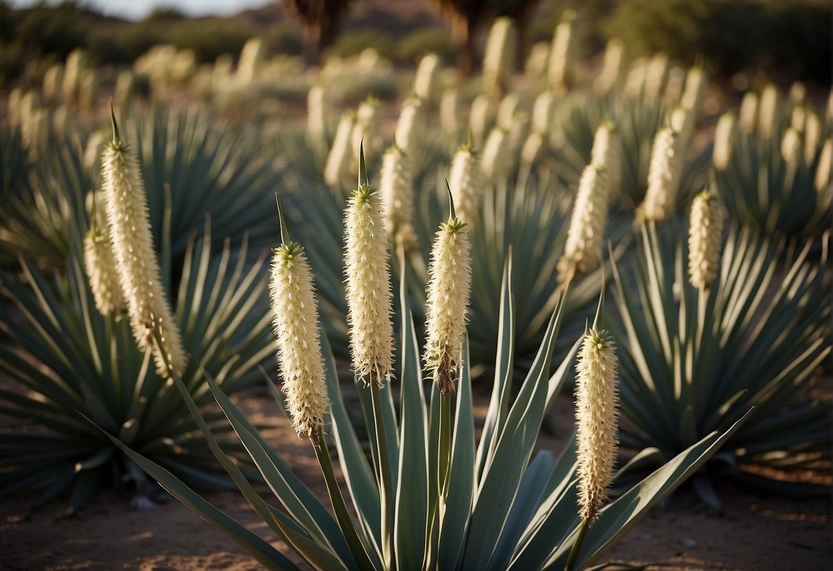 Yucca plants grow tall and straight, with long, sword-like leaves clustering around a central stalk. The leaves are thick and pointed, and the plant is often found in arid or desert environments