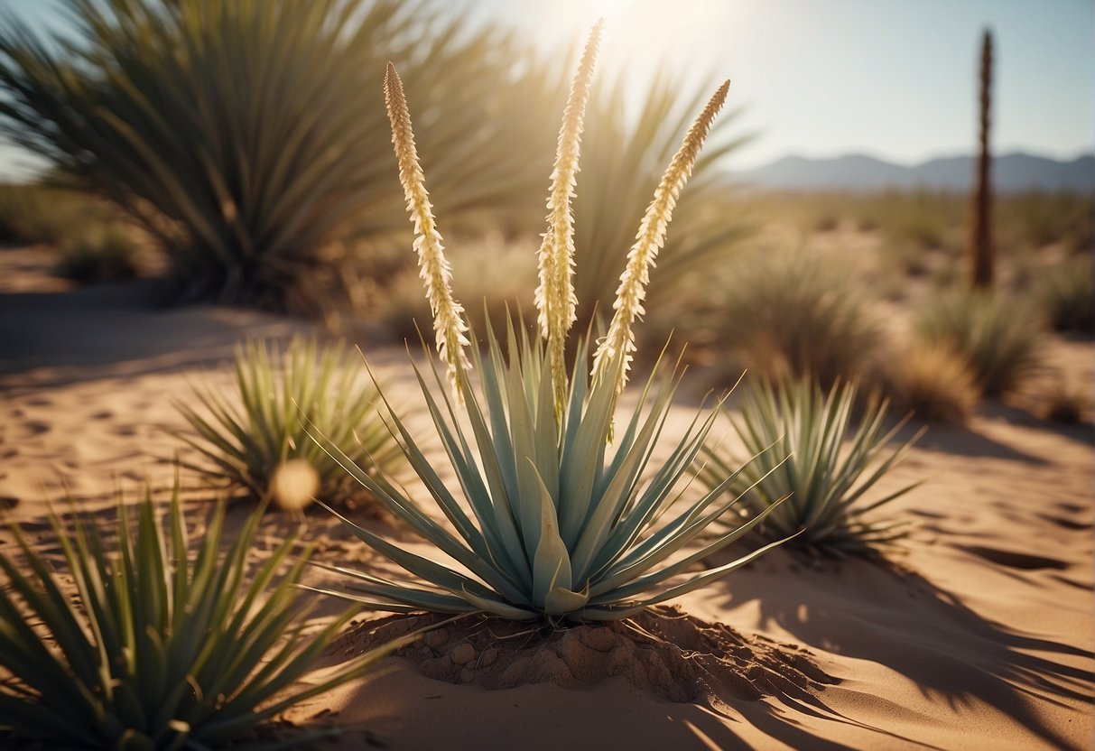 Yucca plants grow tall in sandy soil, with long, sword-shaped leaves reaching toward the sun. They are surrounded by desert flora and bask in the warm, arid climate