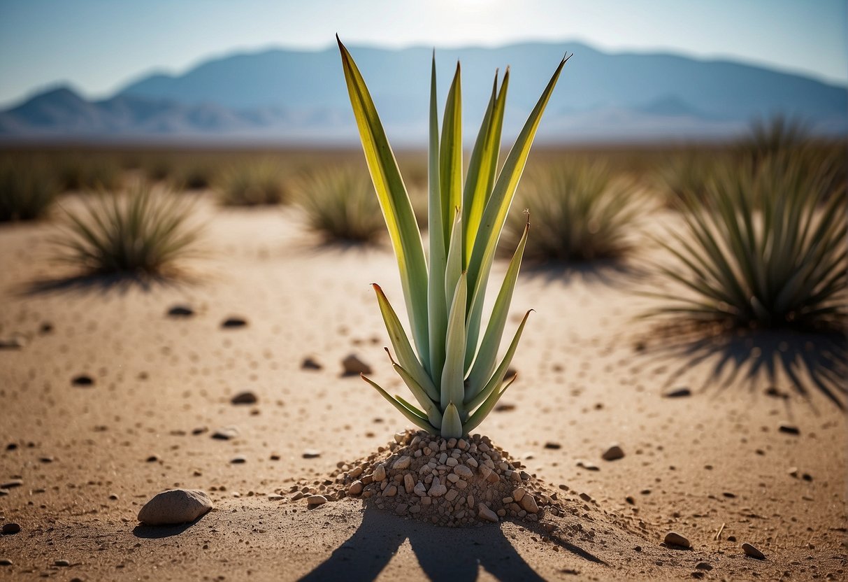 A yucca plant sprouts from the dry desert soil, its long, sword-shaped leaves reaching towards the sun. The plant is surrounded by other drought-resistant plants, with a backdrop of rocky terrain and a cloudless blue sky