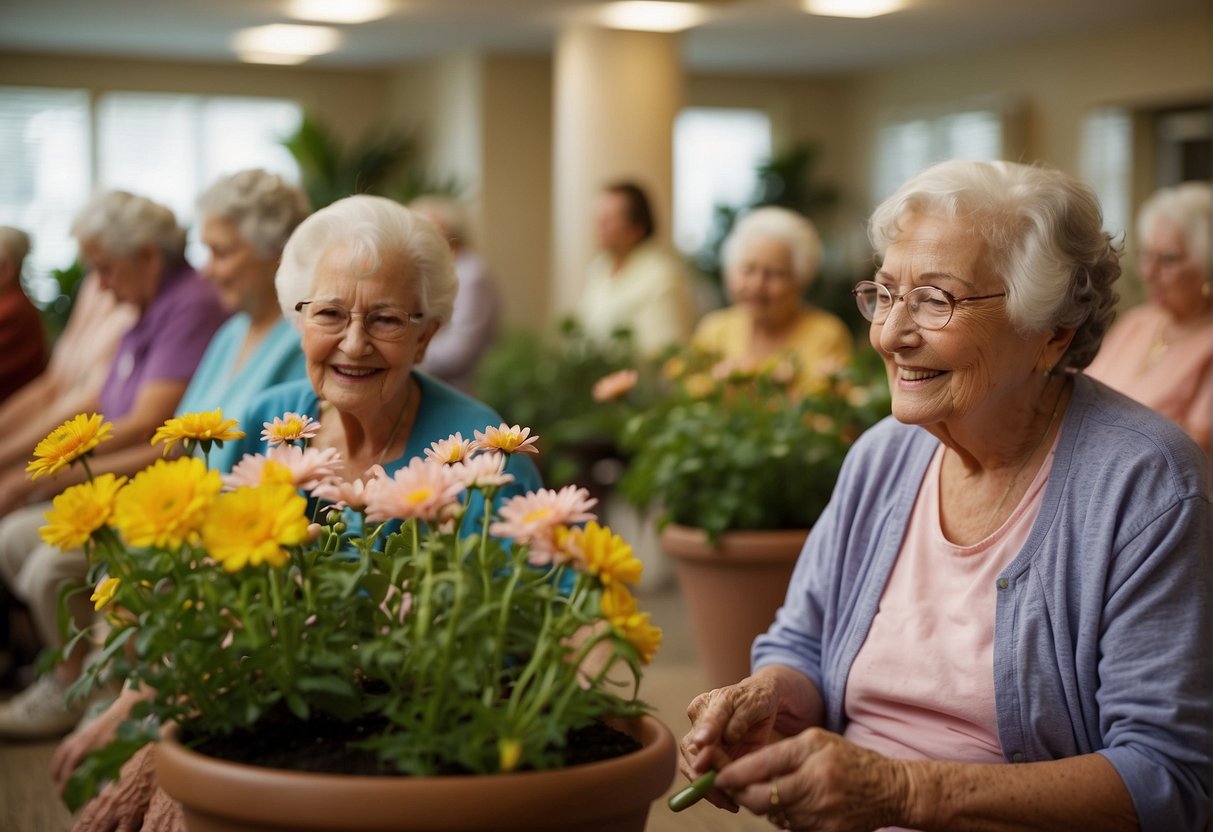Elderly residents in a nursing home engage in group exercise, gardening, and art activities to promote physical well-being