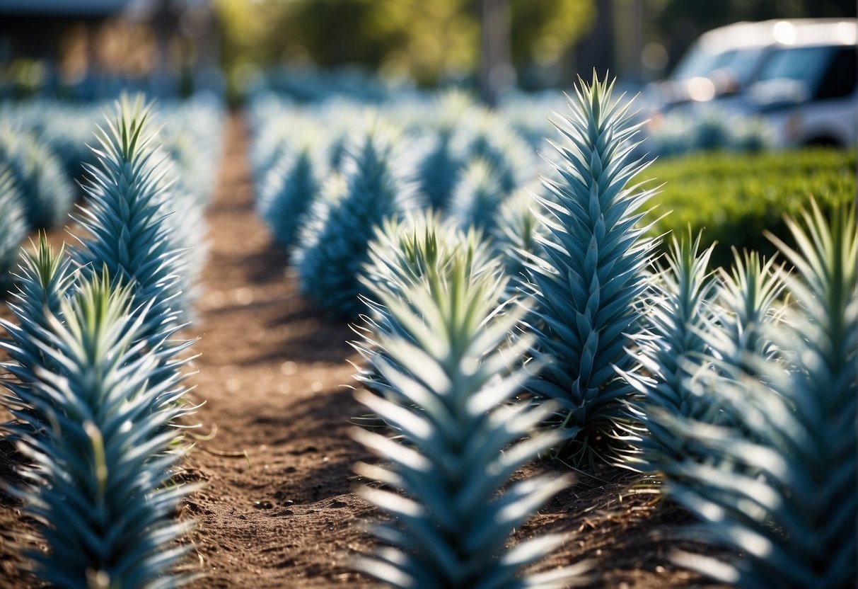 A garden center with rows of vibrant blue yucca plants under a bright, sunny sky in South Jersey