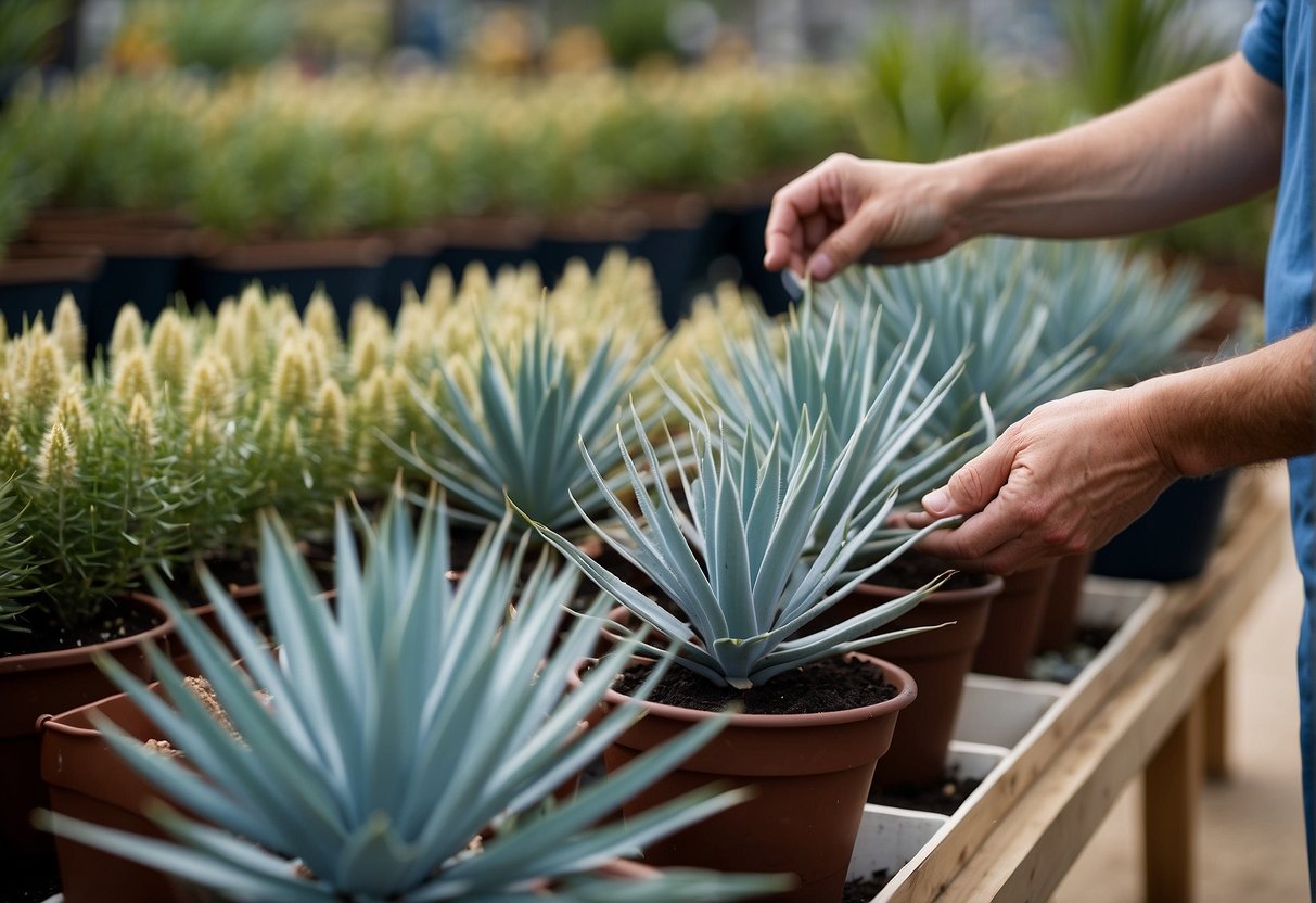 A person buys blue yucca plants at a South Jersey nursery, then plants them in their garden