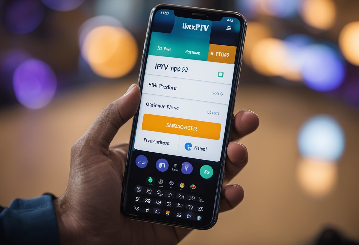 Die Hand einer Person hält ein Smartphone mit geöffneter Xtream IPTV-App auf dem Bildschirm.  Die App-Oberfläche ist sichtbar und zeigt Optionen für den Einstieg in IPTV Smarters