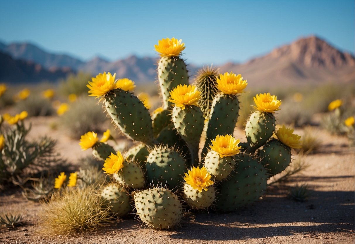 Prickly pears, yucca, and brittlebush thrive in arid desert landscapes, with spiky pads, tall stalks, and small yellow flowers