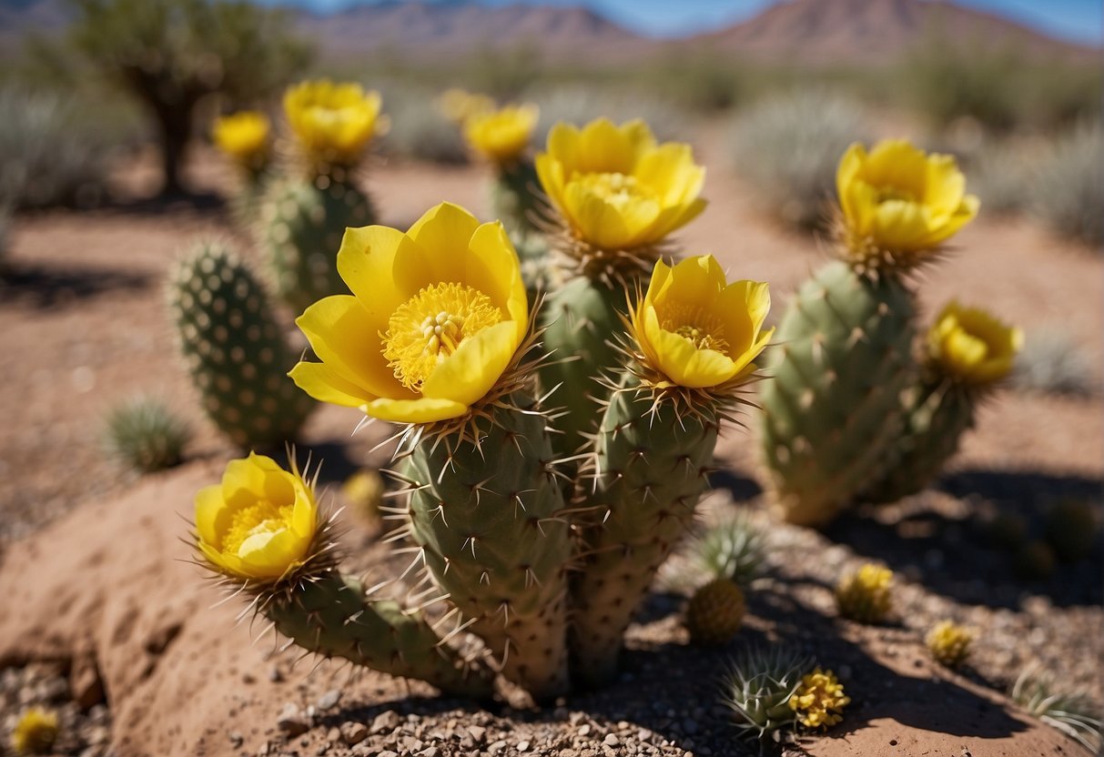 Prickly pears, yucca, and brittlebush thrive in a desert landscape, providing food and shelter for wildlife while contributing to the ecosystem's overall health