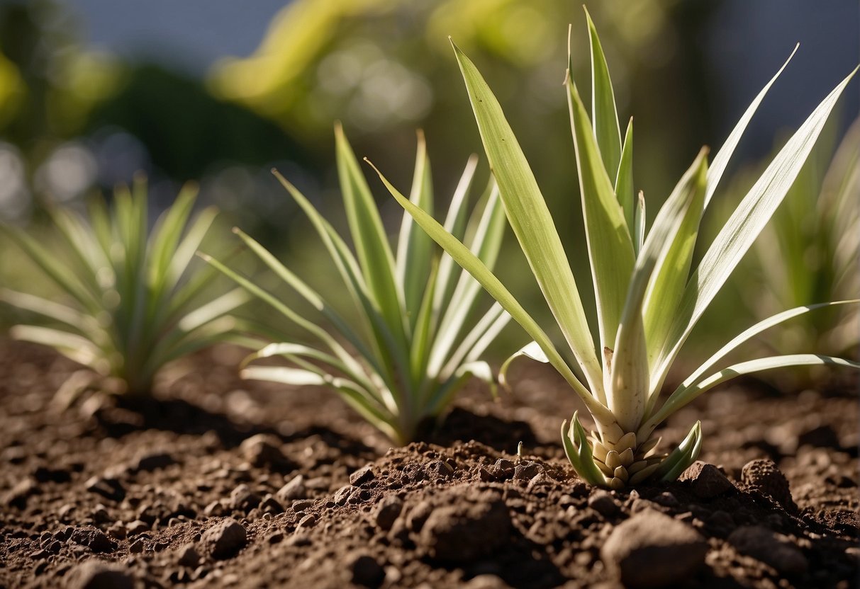 A yucca plant is being carefully planted in nutrient-rich soil, with a backdrop of a sunny and well-drained outdoor area