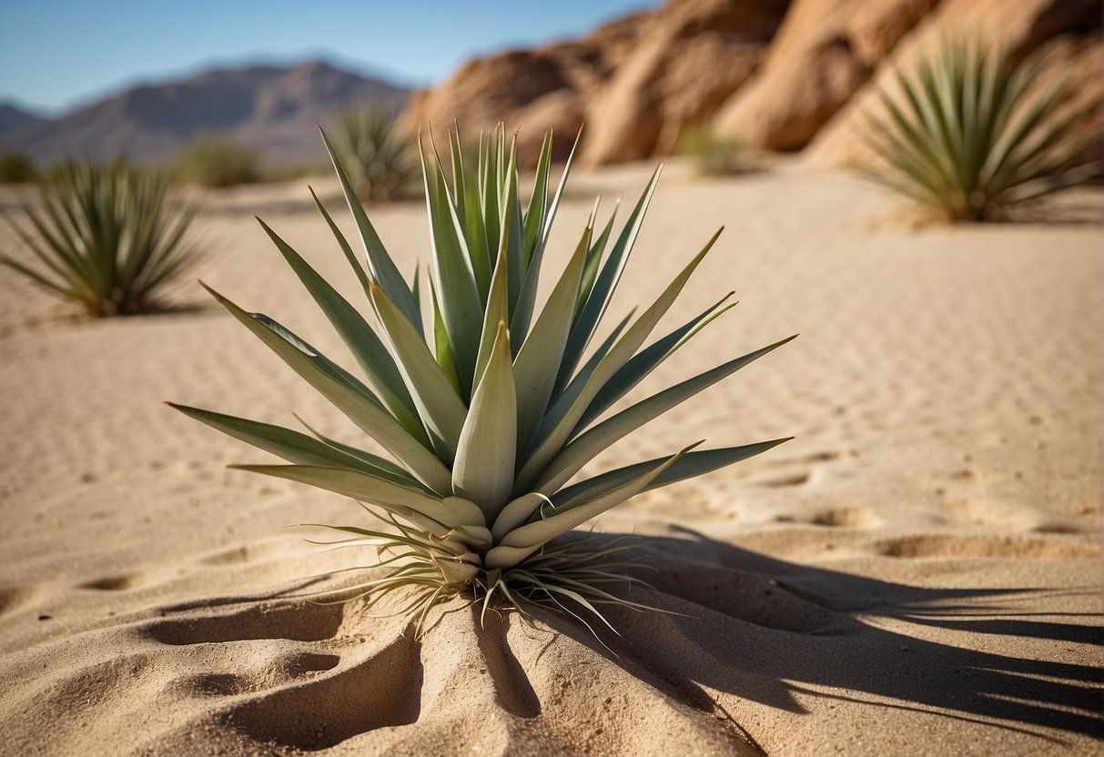 A yucca plant growing in a sunny, arid environment, with sandy soil and minimal water. The plant is tall with thick, sword-like leaves and a sturdy, woody stem
