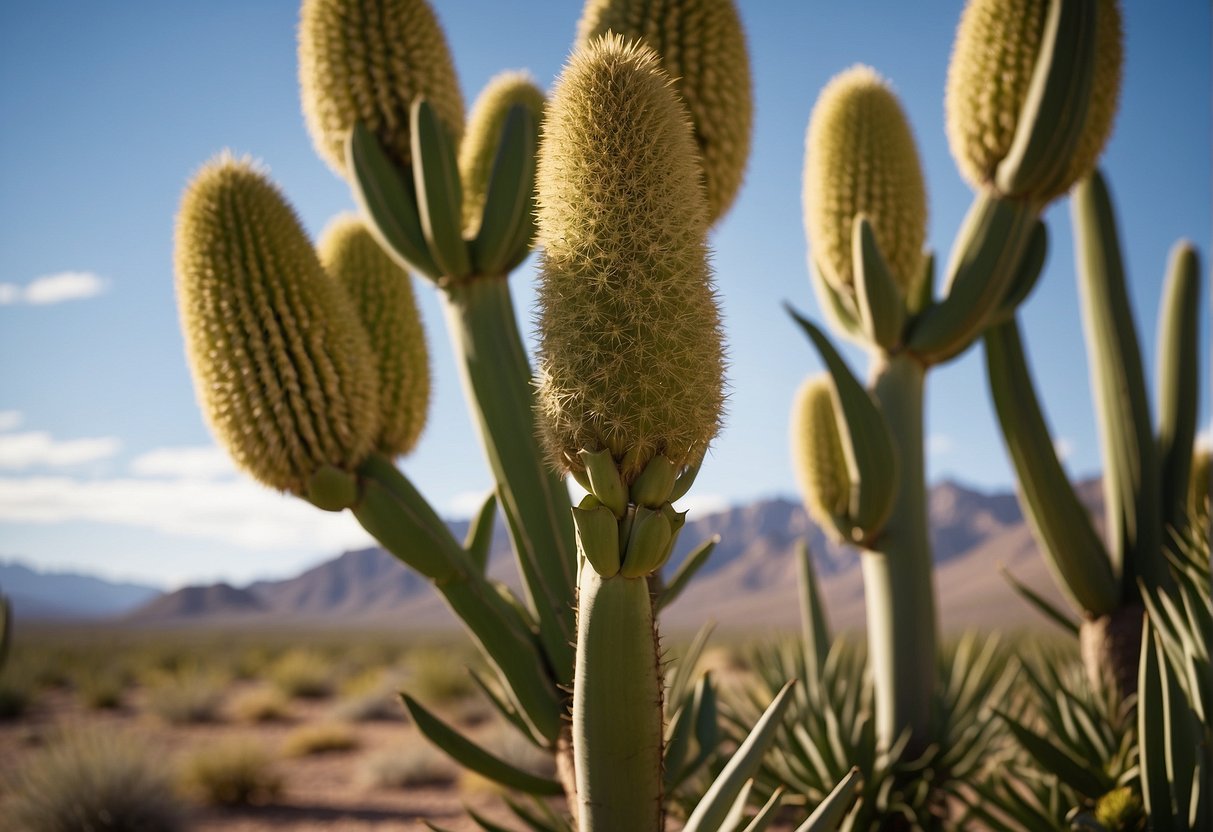 Various yucca plants, including Yucca filamentosa and Yucca brevifolia, are depicted in a desert landscape, highlighting their cultural significance and diverse uses