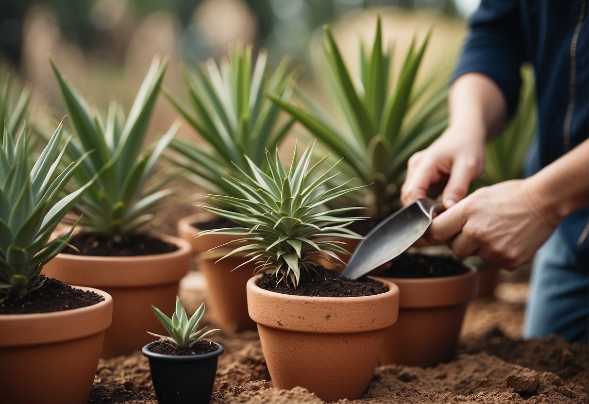 Yucca plants being potted with soil, a shovel, and a terracotta pot