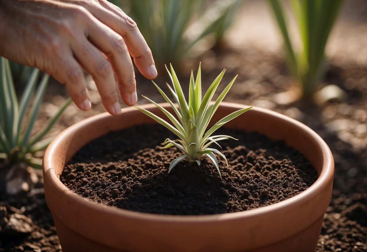 A hand pours soil into a large pot. A yucca plant is carefully placed in the center. The soil is gently packed around the base of the plant