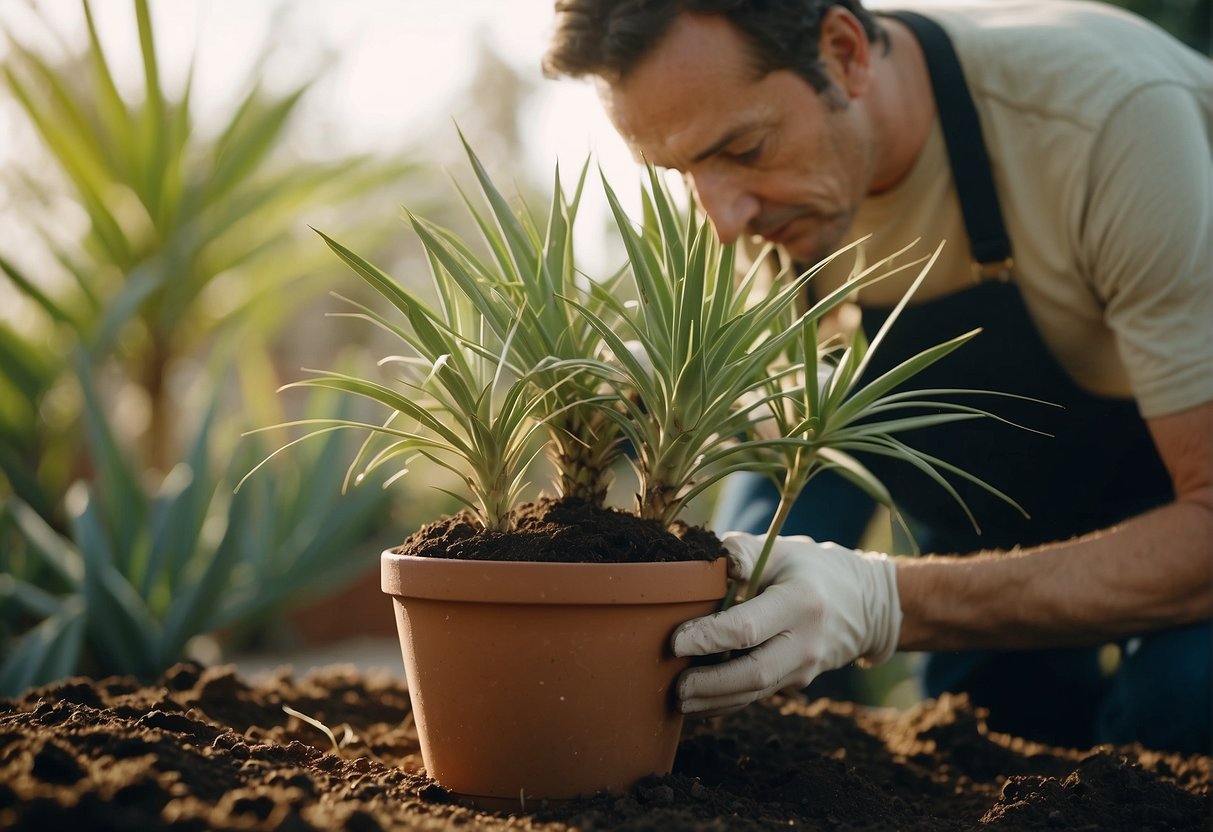 A person repotting a yucca plant into a larger pot, using fresh soil and gently patting it down