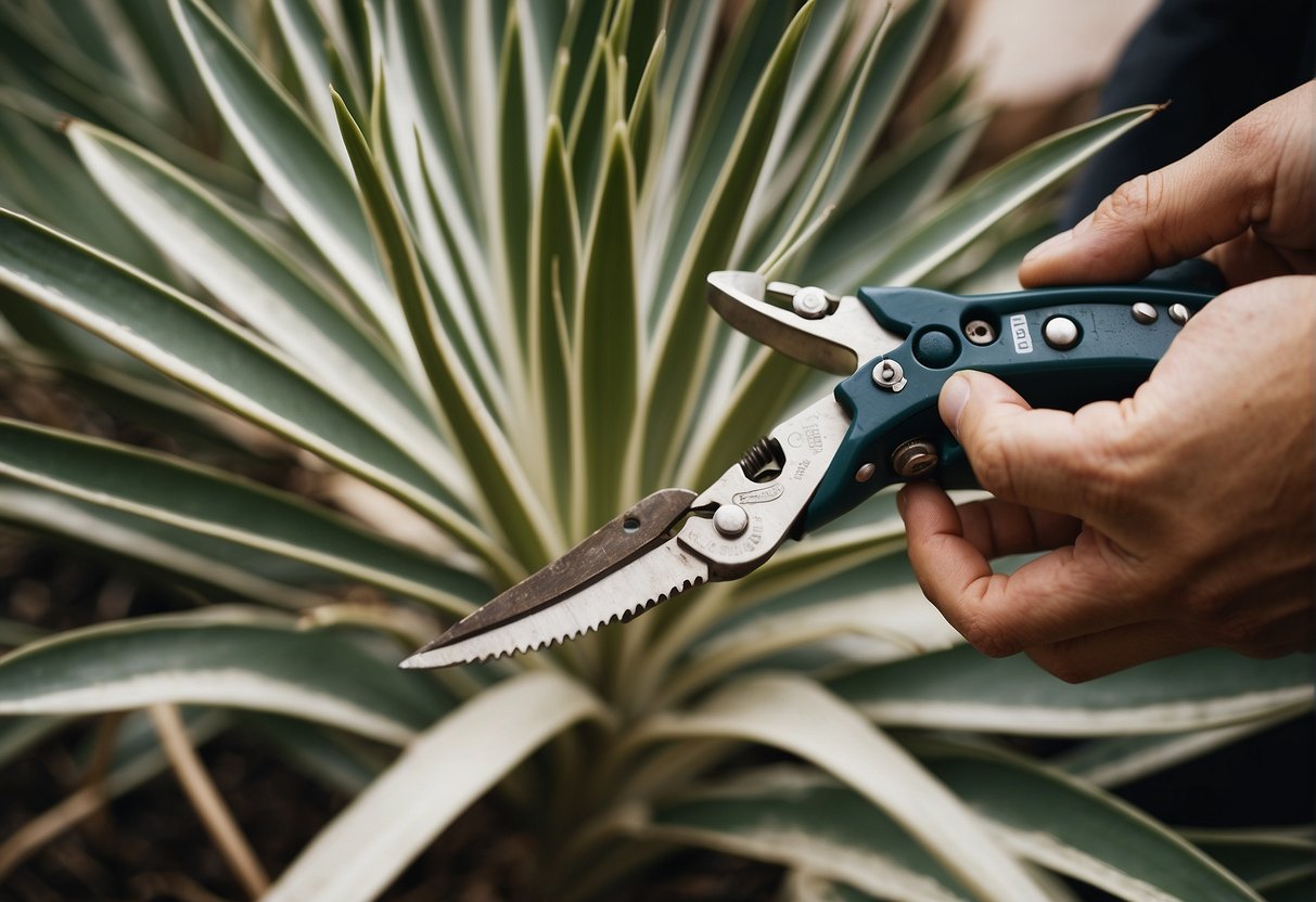 A pair of pruning shears cuts back the yucca plant, removing dead leaves and shaping the foliage
