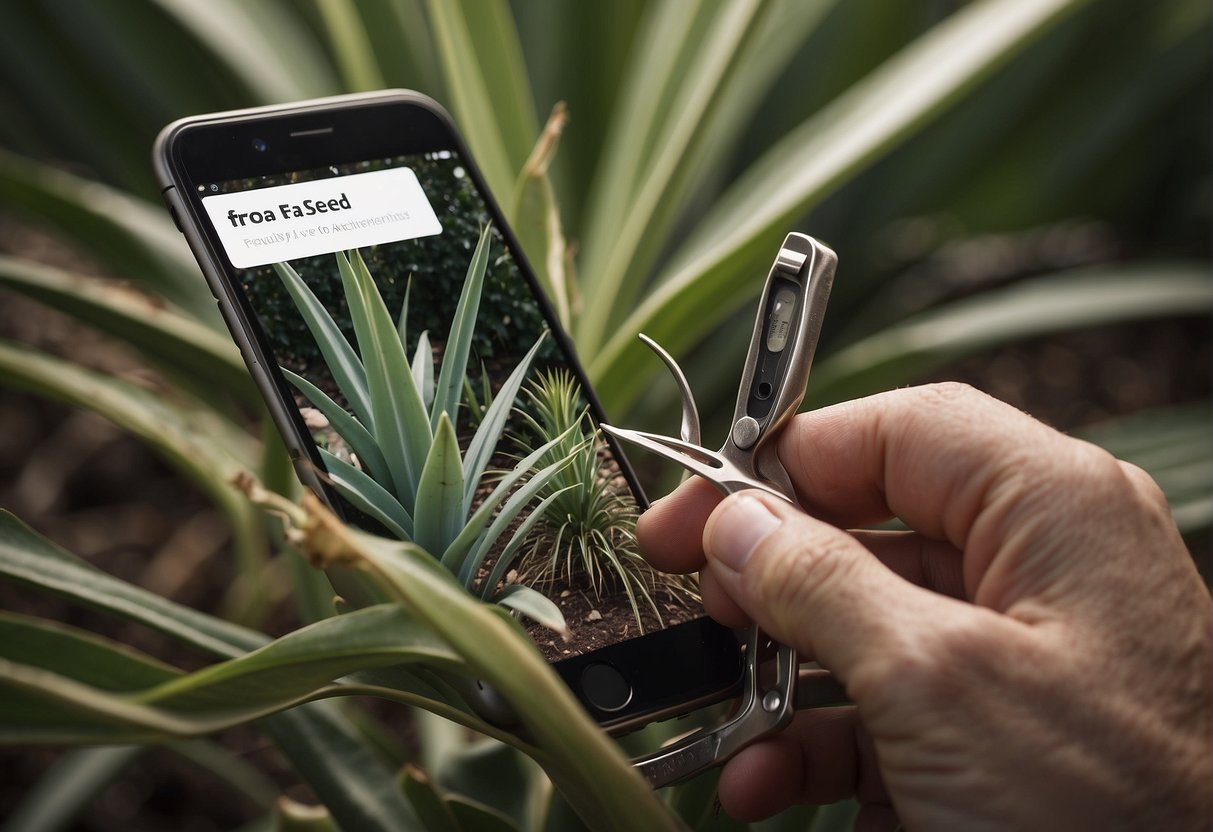 A pair of gardening shears cutting back a yucca plant, with a smartphone displaying the "Frequently Asked Questions" page for guidance