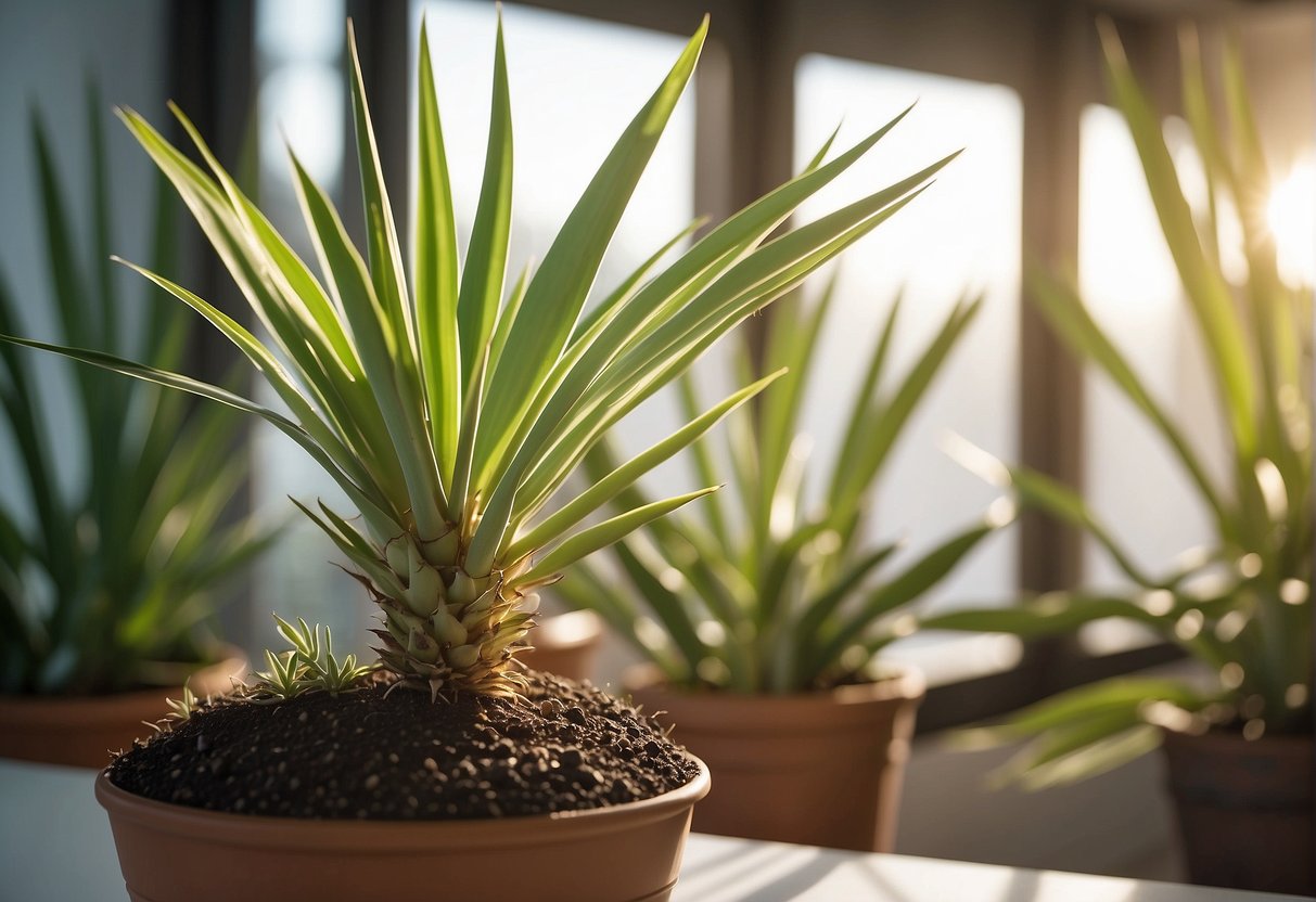 A yucca plant sits in a bright room, receiving ample sunlight. Its soil is well-drained, and it is watered sparingly to prevent root rot. The leaves are free from pests and disease