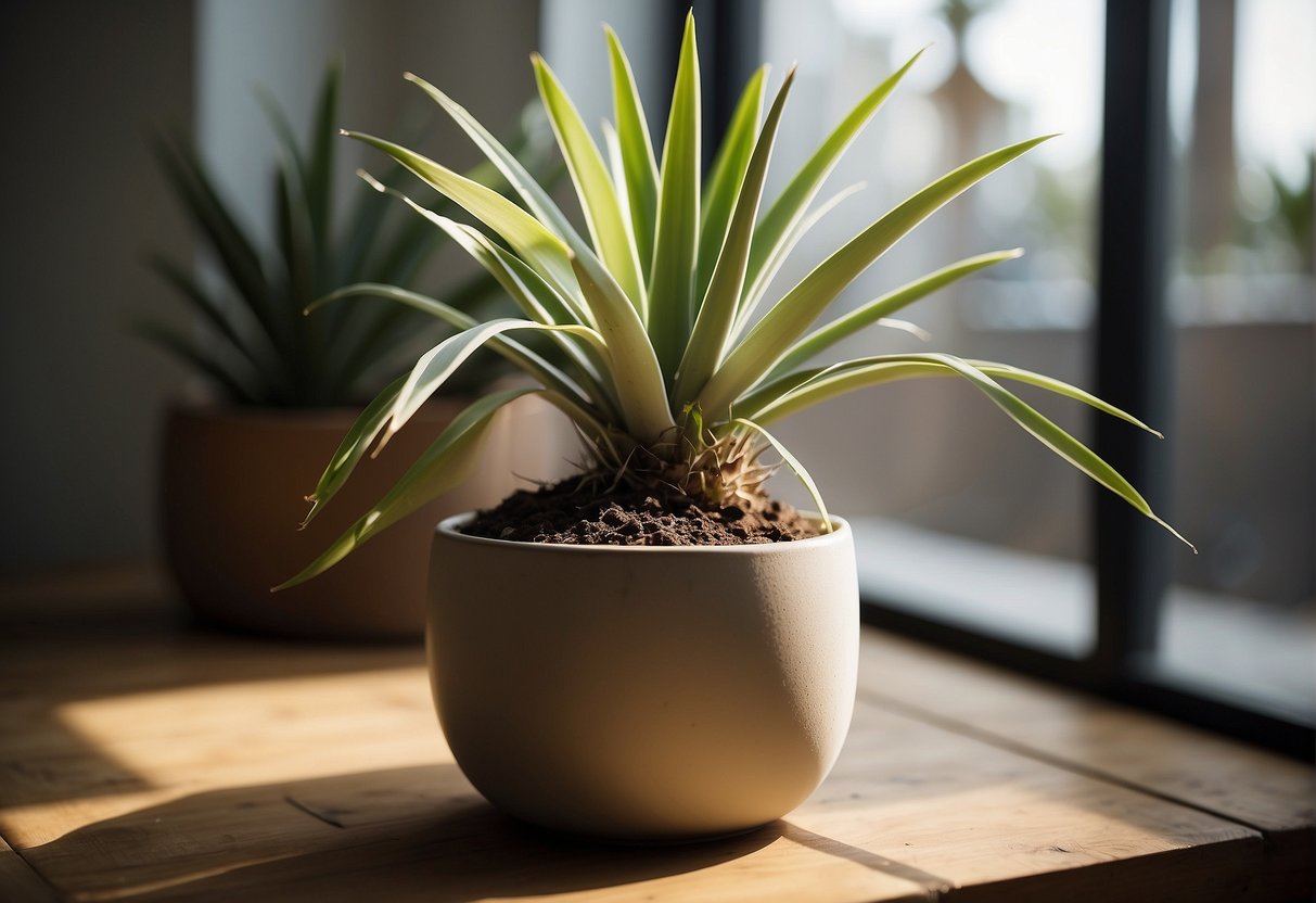A yucca plant sits in a bright room, placed in a well-draining pot with sandy soil. It receives indirect sunlight and is watered sparingly, allowing the soil to dry out between waterings