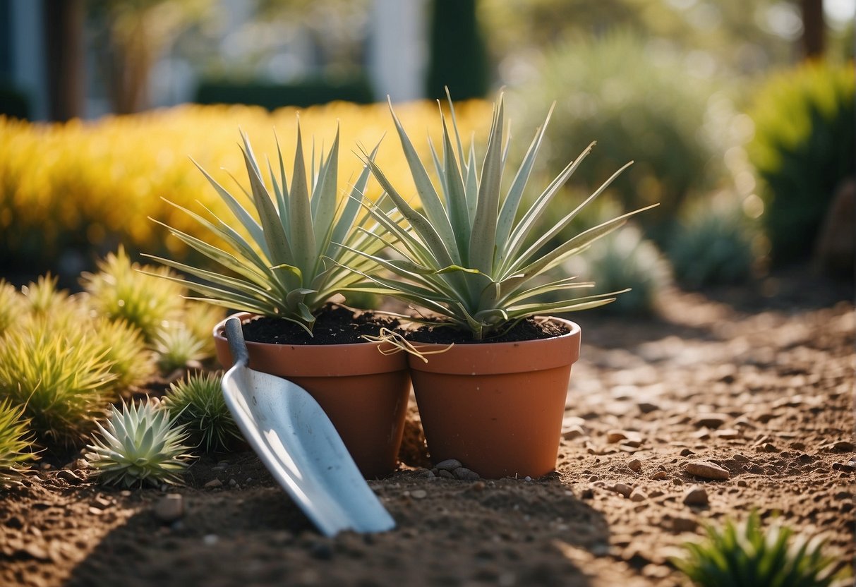 A sunny day with a shovel and potted yucca plants in a garden bed