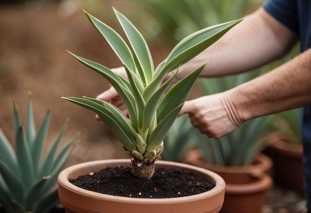 Yucca plant being carefully transplanted into a larger pot with fresh soil and gentle watering