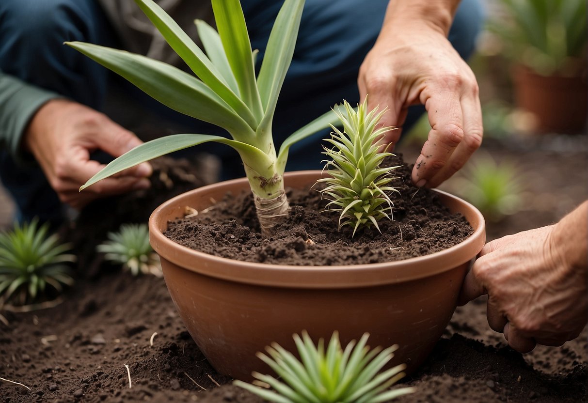 A yucca plant being carefully uprooted and replanted in a larger pot, with a gardener gently tending to the roots and soil