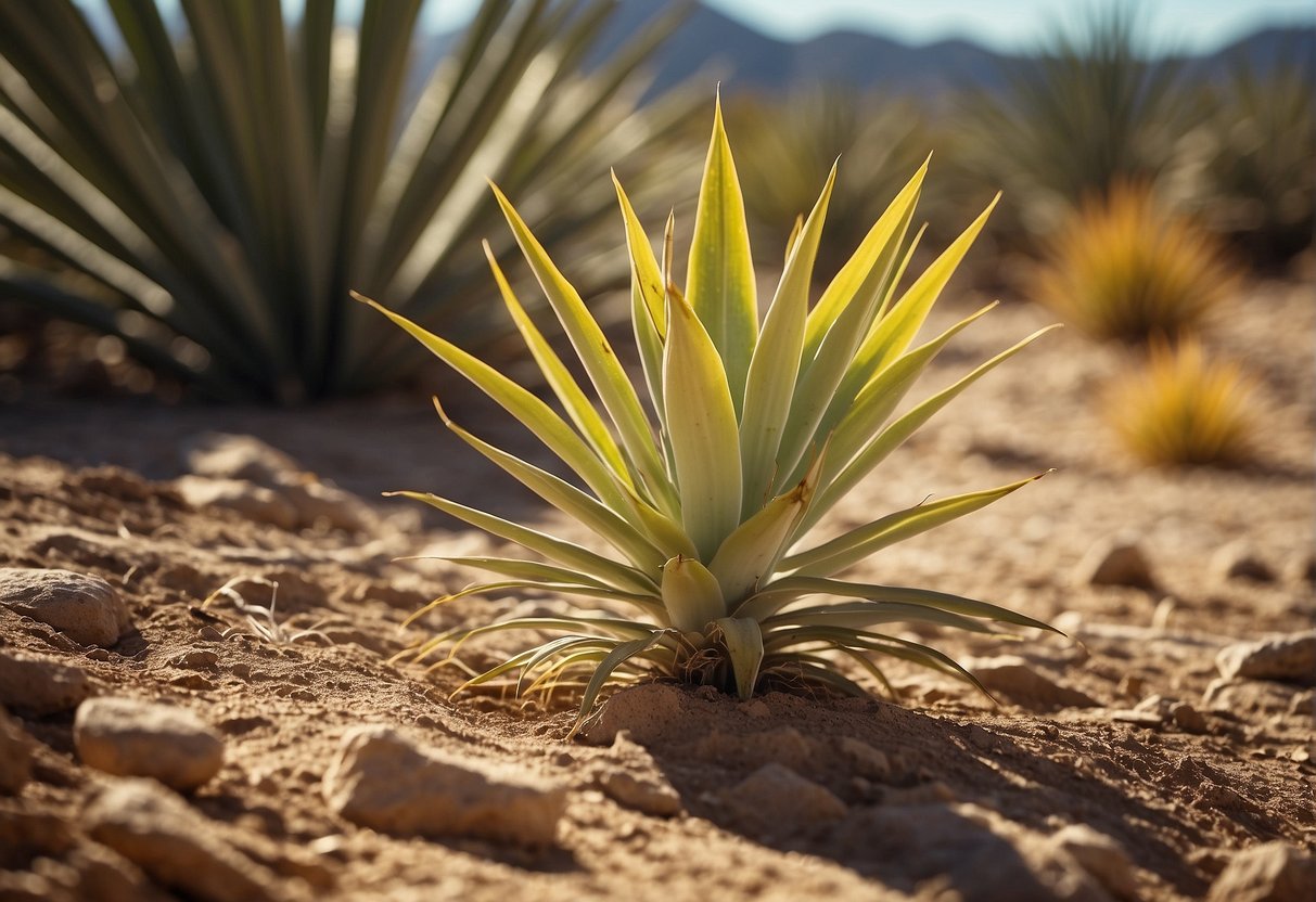 A yucca plant with yellow leaves under bright sunlight, surrounded by dry soil and a few fallen leaves
