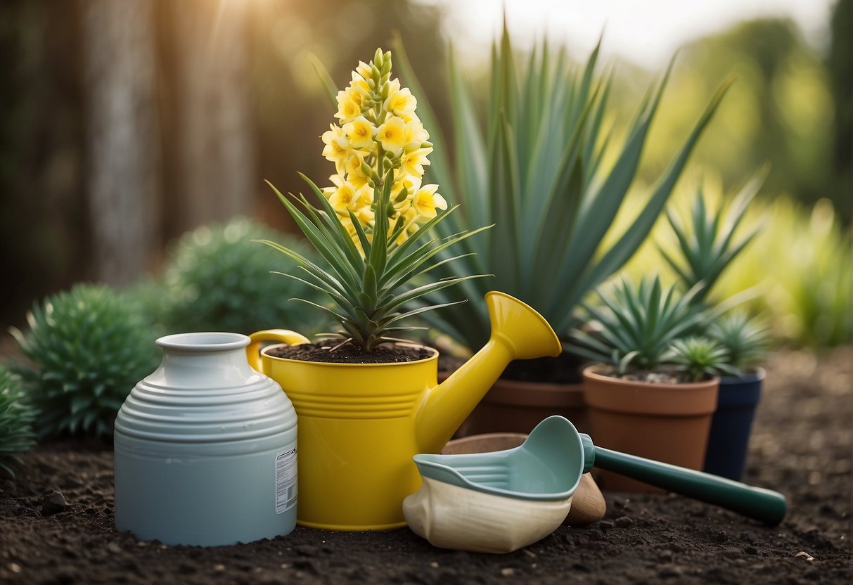 A bright yellow yucca plant surrounded by gardening tools and a bottle of plant fertilizer, with a watering can nearby