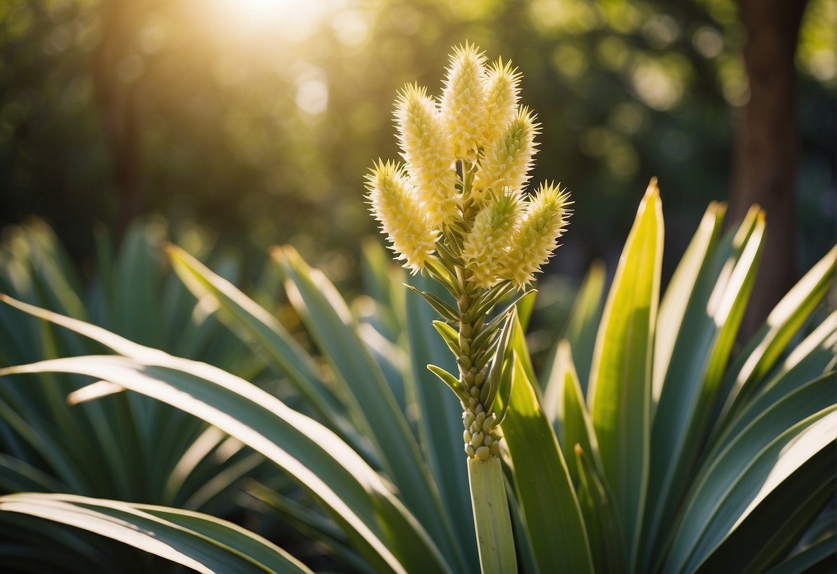 A yucca plant with yellowing leaves, surrounded by a backdrop of other healthy green plants, under a bright sun