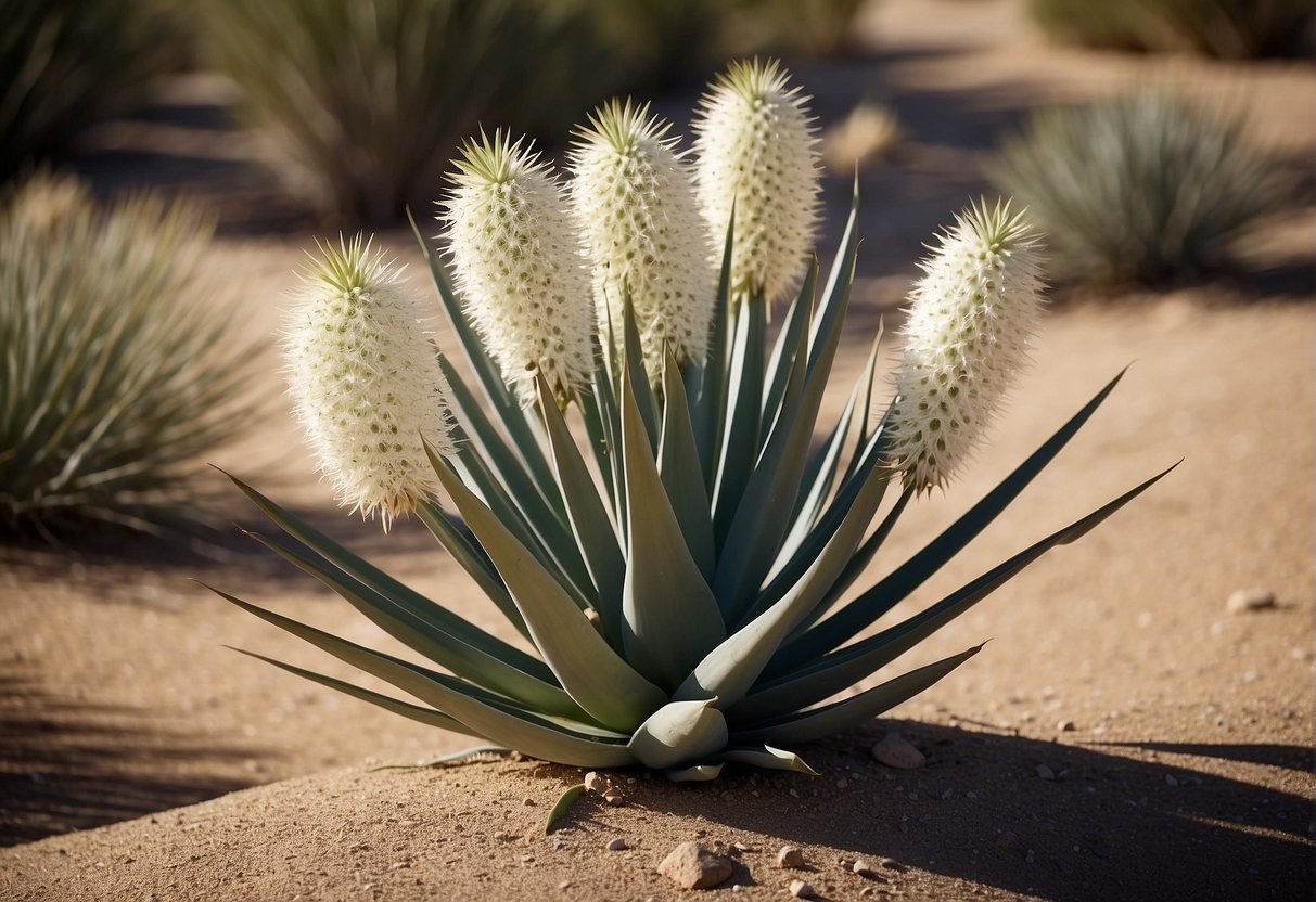 Yucca plants thrive in arid zones, with sandy soil and plenty of sunlight. Their tall, spiky leaves and white flowers create a striking desert landscape