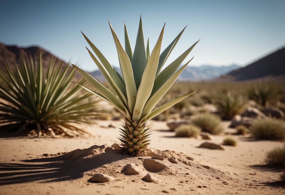 A yucca plant grows in a dry, desert-like environment, surrounded by sandy soil and rocks. The sun beats down on the plant, casting harsh shadows on its spiky leaves