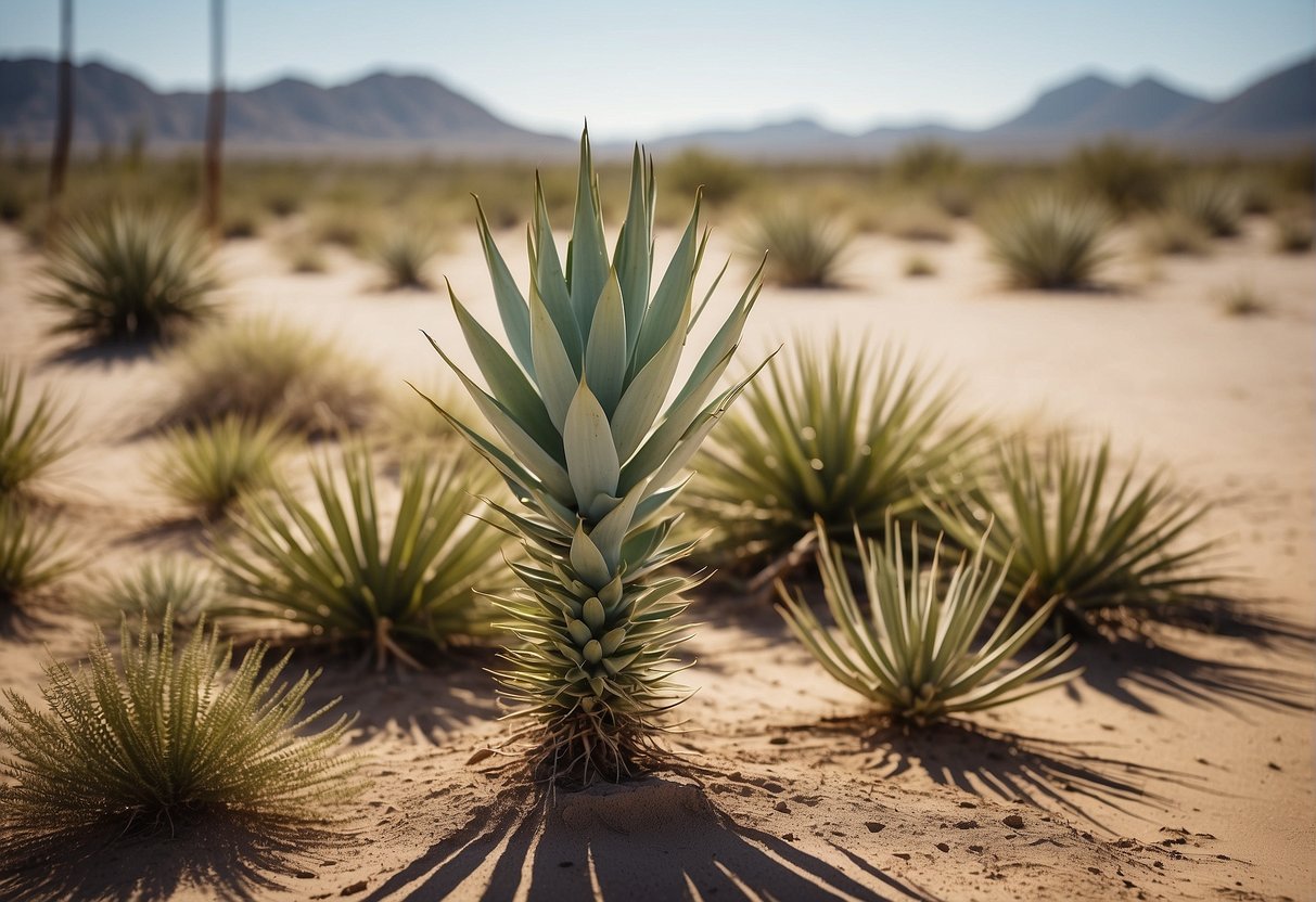 A yucca plant thrives in a dry, desert-like environment, with sandy soil and plenty of sunlight. It is resilient and requires little water, making it suitable for arid climates
