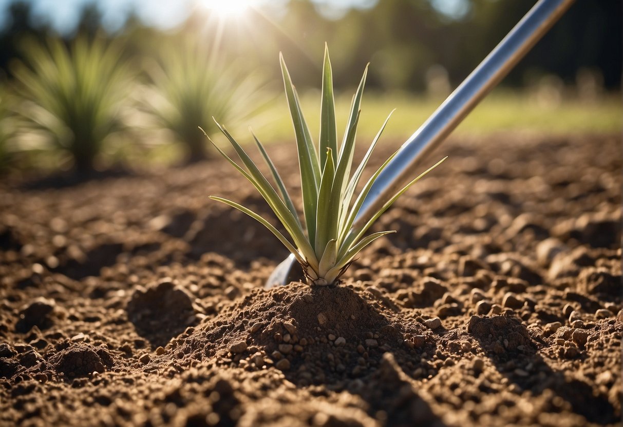 A sunny day with clear skies, a shovel, and a healthy yucca plant ready to be replanted in nutrient-rich soil
