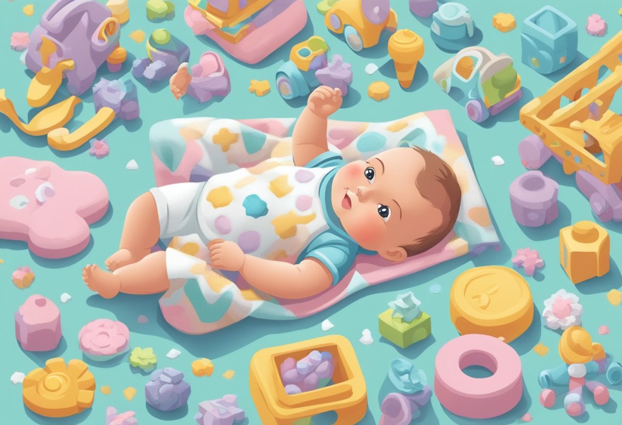 A baby lying on a soft, pastel-colored blanket, surrounded by toys and holding a rattle in their tiny fingers