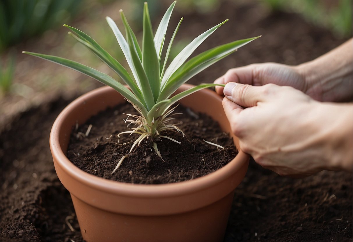 A yucca plant being uprooted from its original pot and being placed into a new, larger pot with fresh soil