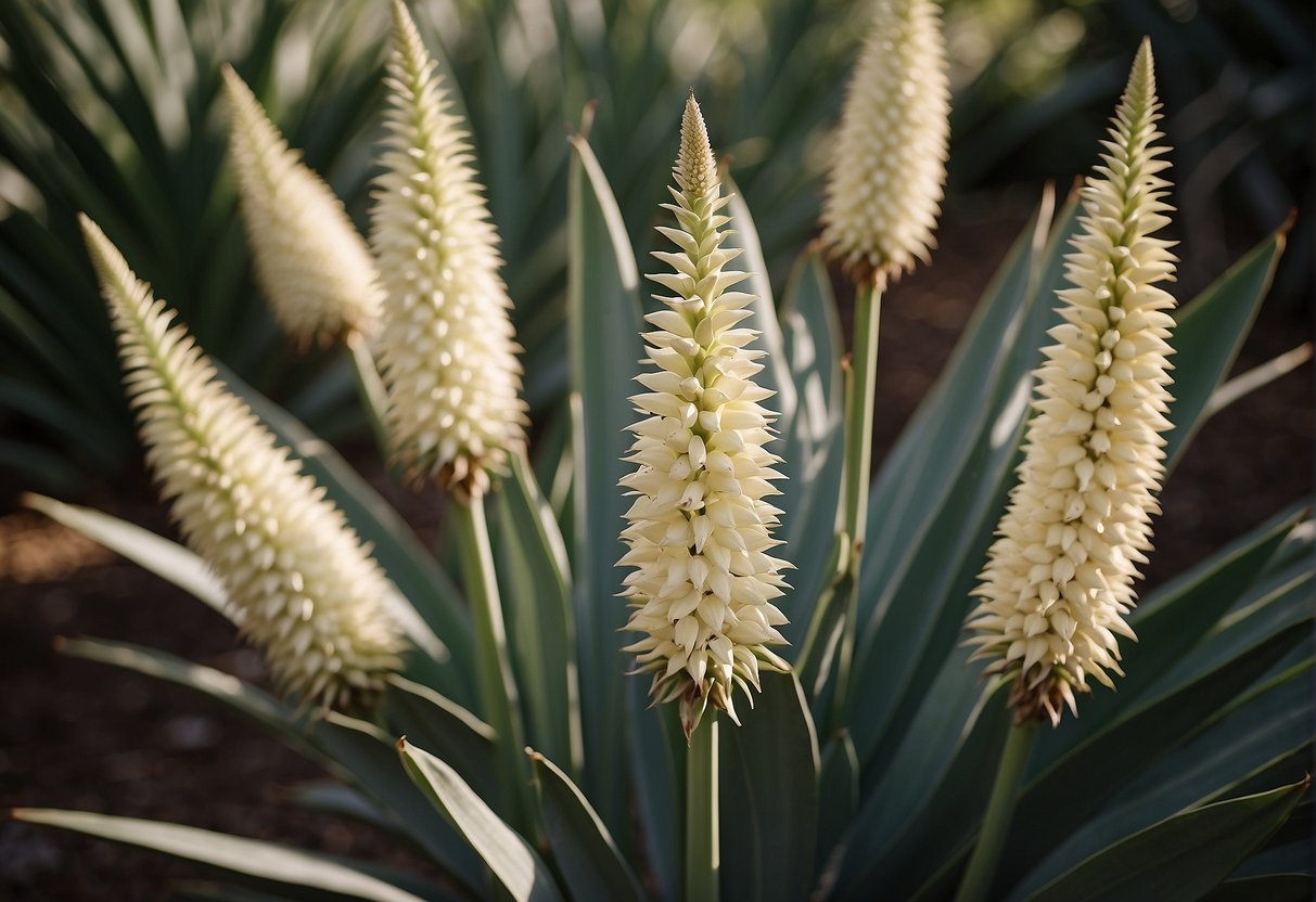 Yucca plants with long, sword-shaped leaves and tall, cream-colored flower spikes are depicted in the scene