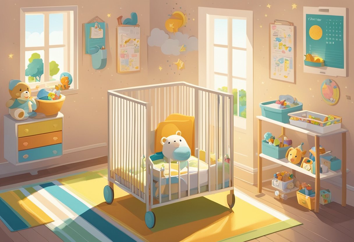 A baby's room with toys and a crib, sunlight streaming through the window, a calendar showing one month, and quotes about the joys of parenthood on the walls