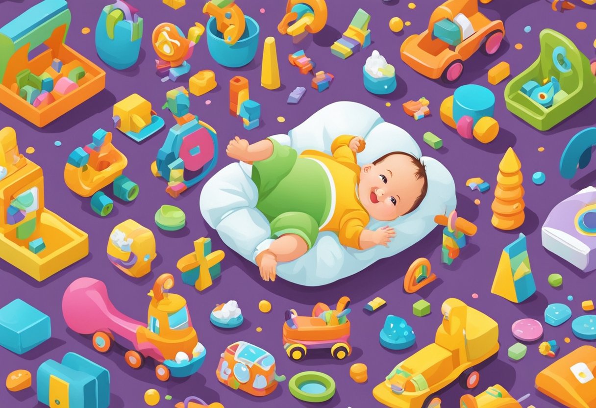 A smiling baby surrounded by toys and colorful objects