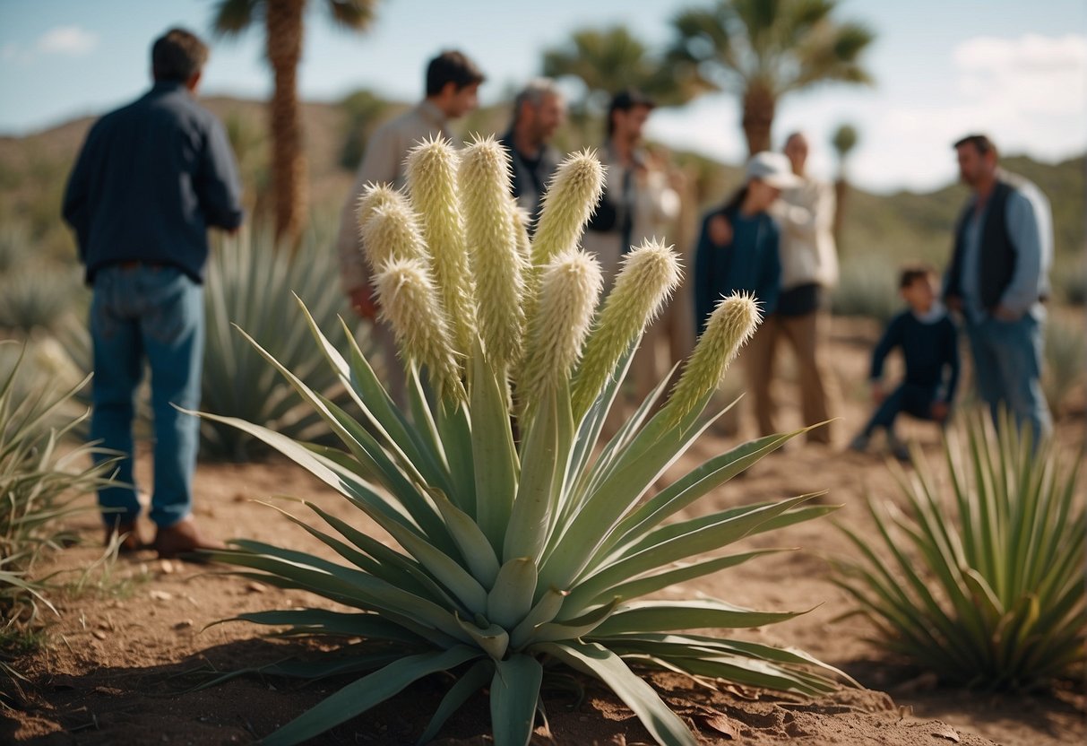 A yucca plant with edible parts surrounded by curious onlookers